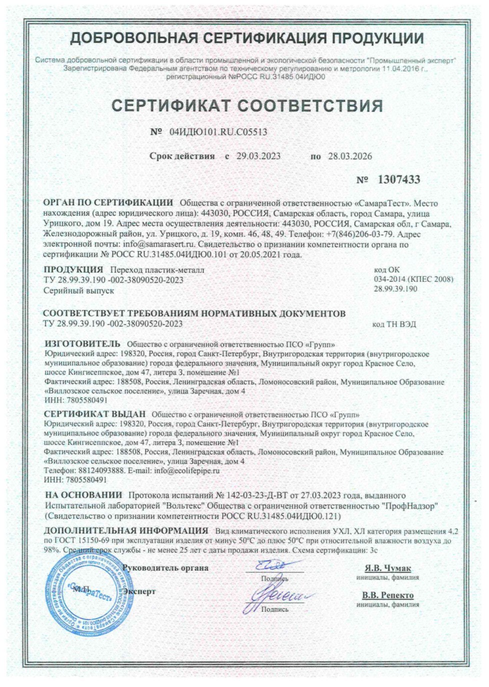 Сертификат соответствия №05513